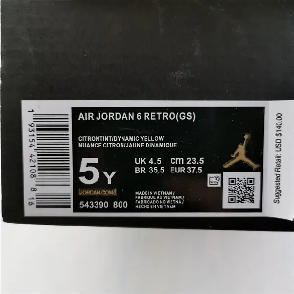 AIR JORDAN 6 RETRO GS YELLOW 543390 